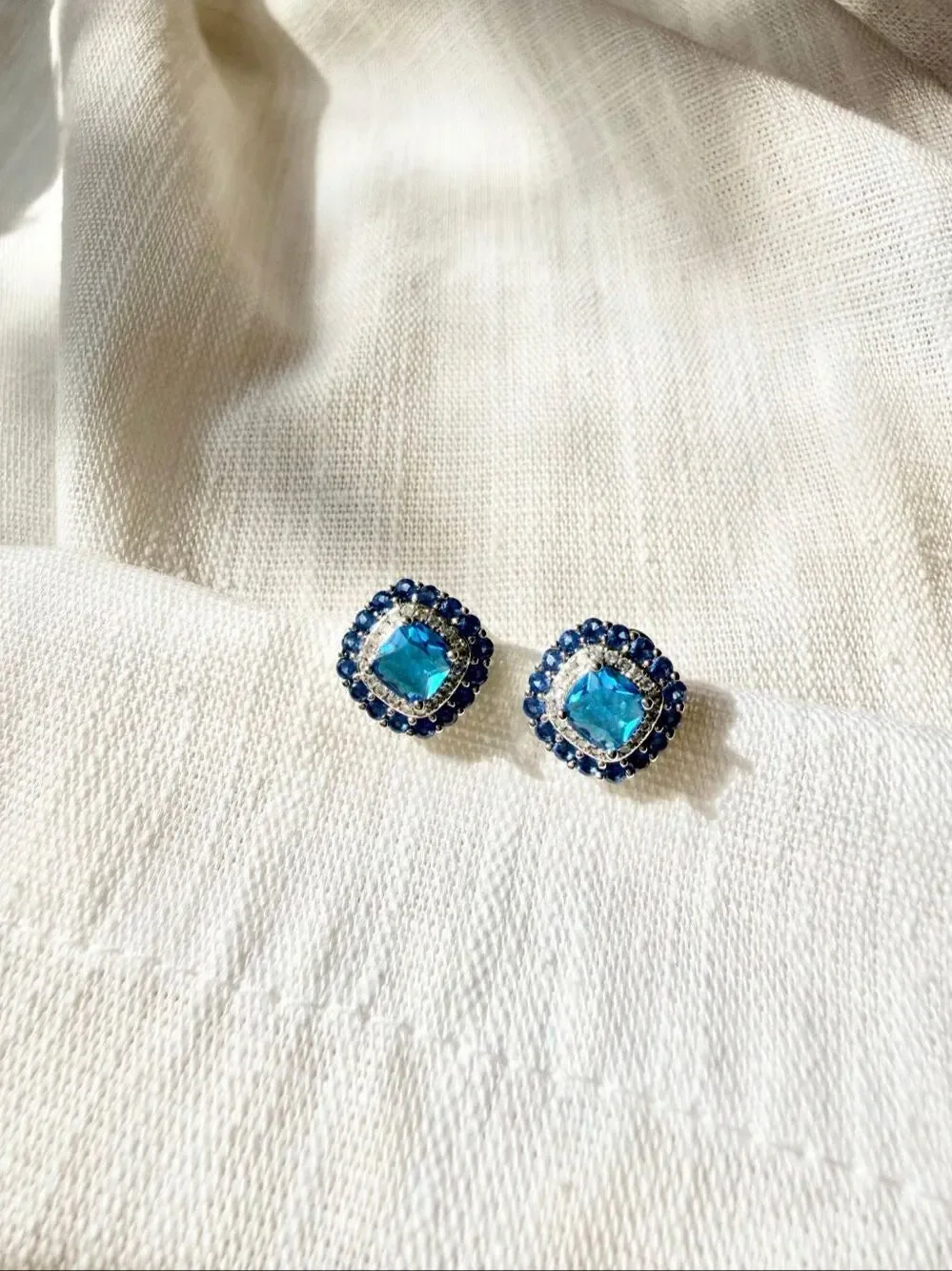 Sapphire Blue Cubic Zirconia Cushion Halo Stud Earrings Silver Tone